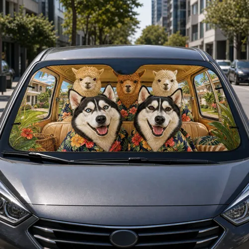 Smiling Husky And Alpaca Road Trip Van Scene For Tropical Summer Vacation Lovers Car Sunshade
