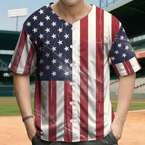 Distressed American Flag with White Stars and Weathered Stripes - Independence Day Gift for Military Veterans Baseball Jersey