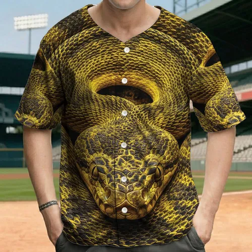 Yellow Black Snake Coiled Head, Prominent Facial Scales, Circular Shape - Wildlife Lover Gift Baseball Jersey