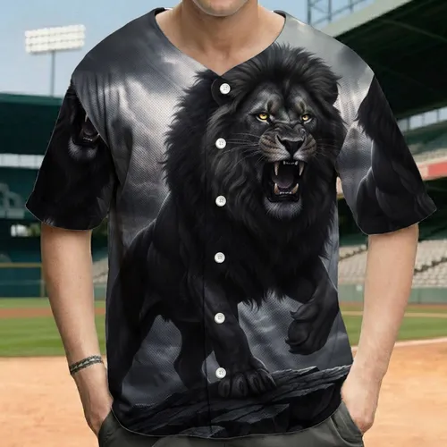 Black Lion Roaring Rocky Outcrop Stormy Sky - Wildlife Lover Gift Baseball Jersey