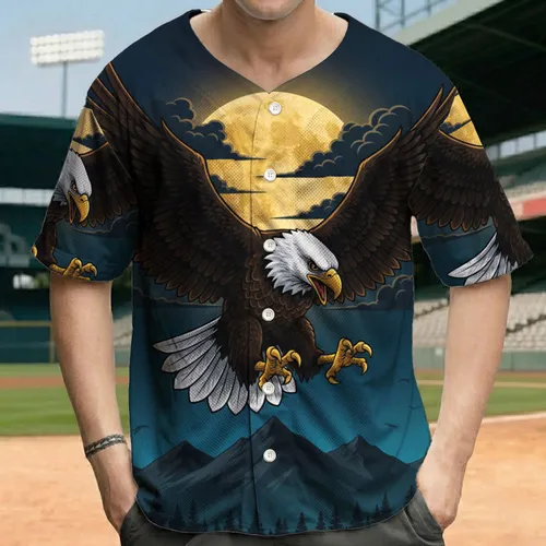 Swooping Bald Eagle Wolves Full Moon Mountain Night Sky Scene - Wildlife Lover Gift Baseball Jersey