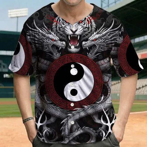 Roaring White Tiger Fierce Dragon Ornate Yin Yang Symbol - Fantasy Enthusiast Gift Baseball Jersey