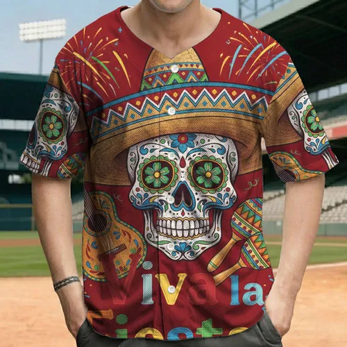 Sugar Skull Sombrero Guitar Maracas Viva la Fiesta - Celebration Event Baseball Jersey