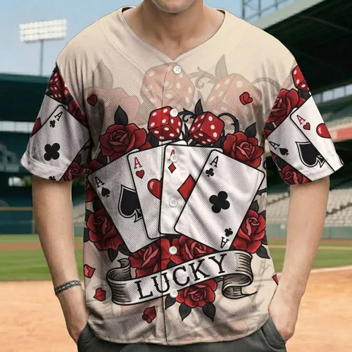 Four Aces Playing Cards Dice Red Roses LUCKY Banner - Gambling Game Night Gift Baseball Jersey