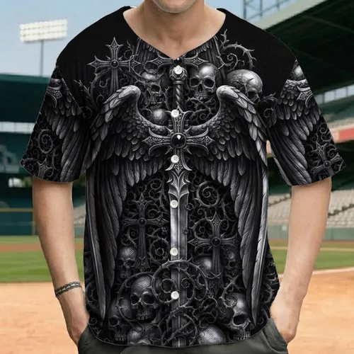 Winged Sword Ornate Cross Hilt Gothic Skulls - Statement Piece for Fantasy Lover Baseball Jersey