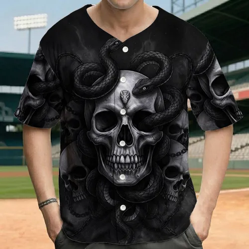 Human Skull Scaly Serpents Intertwined Chains - Dark Fantasy Collector Gift Baseball Jersey