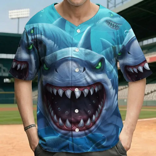Fierce Shark Heads Ocean Scene - Wildlife Lover Gift for Shark Fans Baseball Jersey