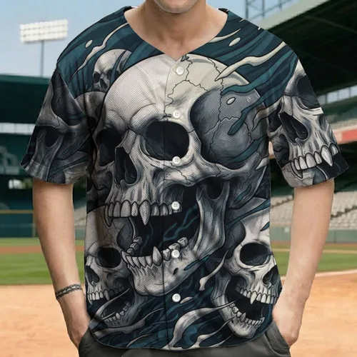Open-Mouthed Cracked Menacing Human Skull Receding Skulls Organic Swirling Tendrils - Gothic Lover Gift Baseball Jersey
