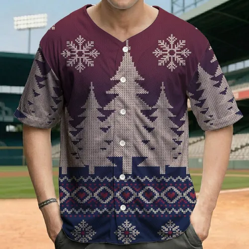 Varying-Height Christmas Trees Snowflakes Red Hearts Diamond Shapes - Christmas Holiday Gift Baseball Jersey