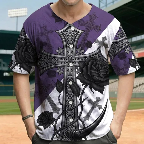 Gothic Cross Black Rose Filigree Scrollwork - Everyday Wear for Dark Style Lovers Baseball Jersey