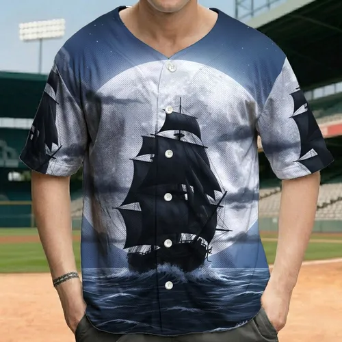 Tall Ship Full Moon Stormy Ocean Waves - Nautical Adventure Gift for Sailors Baseball Jersey