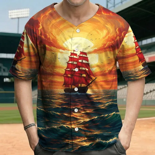 Sailboat Red Sails Ocean Waves - Golden Sunset Ocean Lover Gift Baseball Jersey
