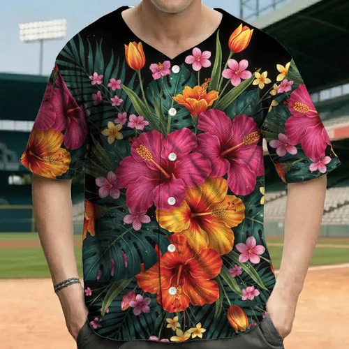 Tropical Hibiscus Pink Yellow Orange Blossoms Teal Leaves Black - Exotic Travel Look Baseball Jersey