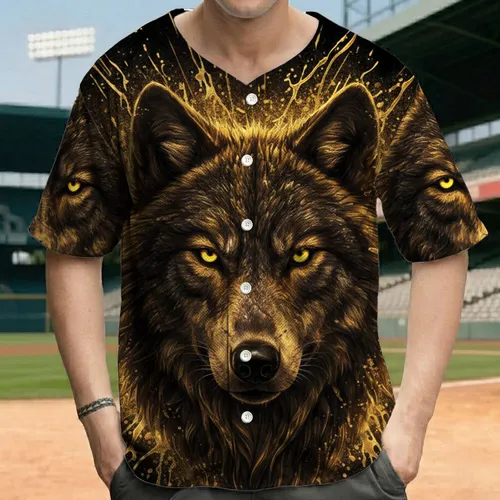 Wolf Head Molten Gold Splashes Black Background - Wildlife Lover Gift Baseball Jersey