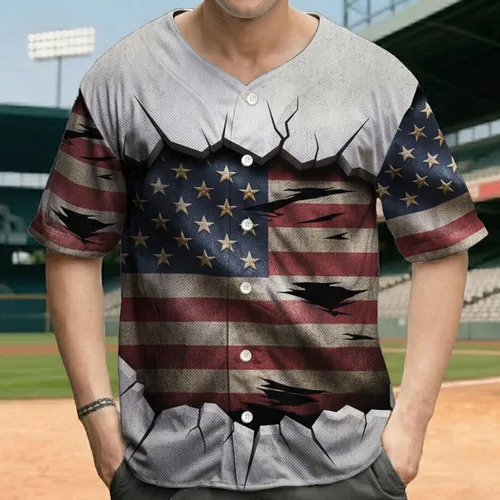 Tattered Distressed American Flag Metallic Stars - Independence Day Gift for Veterans Baseball Jersey