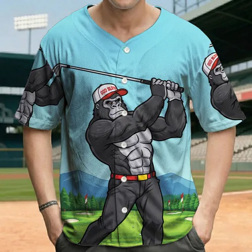 Muscular Gorilla God Bless Cap Golf Swing Club - Golf Course Landscape Gift for Golfers Baseball Jersey
