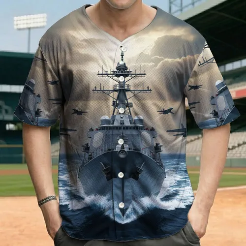 Naval Warship Fighter Jet Stormy Ocean Sky - Military Enthusiast Gift Baseball Jersey