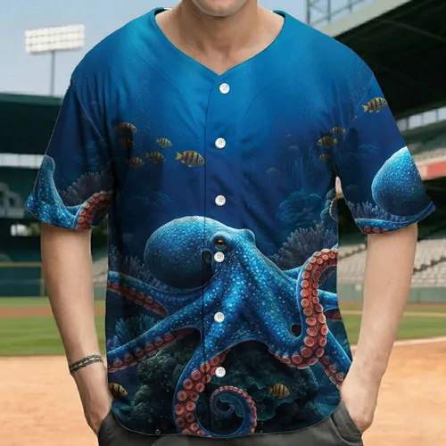 Vibrant Blue Octopus Red Tentacles Craggy Coral Reef Fish Anemones - Deep Sea Ocean Lover Gift Baseball Jersey