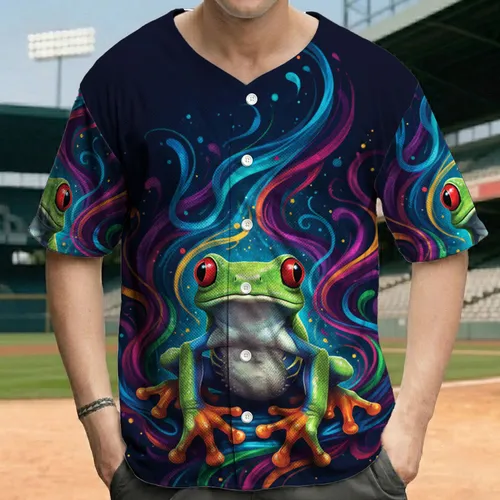 Red Eyed Tree Frog Fluid Swirling Cosmic Energy Ribbons Wildlife Lover Gift for Frog Lover Baseball Jersey