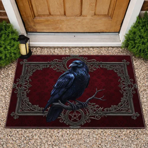 Majestic Black Raven Pentagram Gothic Ruby Red Accents - Dark Academia Home Decor Gift Doormat