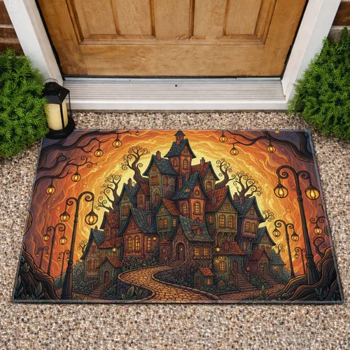 Crooked European Buildings Gnarled Trees Cobblestone Path - Home Decor Gift Doormat