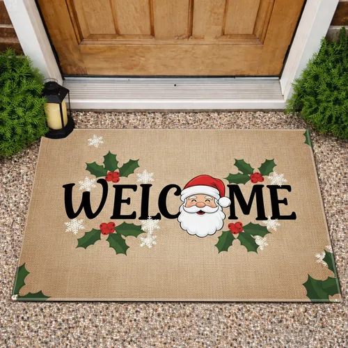 Santa Claus Welcome Holly Snowflakes - Christmas Home Entrance Doormat