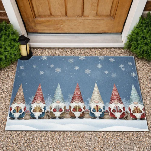 Seven Gnomes Gift Boxes Winter Sacks Snowflakes - Christmas Holiday Decor Doormat