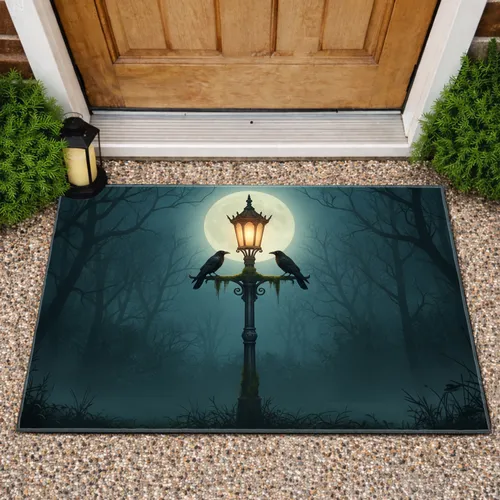 Ornate Gothic Lamppost Crows Full Moon Misty Forest - Halloween Home Decor Gift Doormat