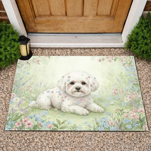 Fluffy White Dog Wildflowers - Garden Lover Home Decor Gift for Dog Owners Doormat