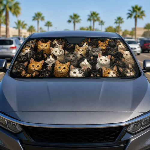 Cute Cat Faces Crowd Black Orange Tabby Calico Tuxedo Amber Eyes Pet Lover Decor Gift Car Sunshade