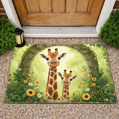 Giraffes Stone Arch Wildflower Foliage - Wildlife Lover Home Decor Gift Doormat