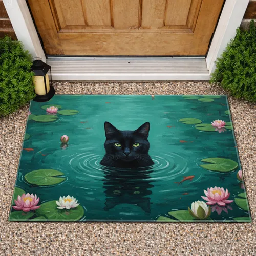 Black Cat Swimming Lily Pads Water Lilies - Wildlife Lover Gift for Cat Lover Doormat
