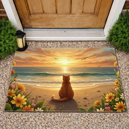 Ginger Cat Ocean Sunset Wildflowers - Coastal Living Home Decor Gift for Cat Lover Doormat