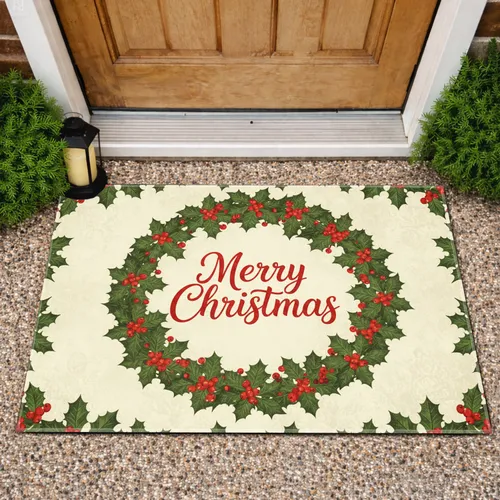 Merry Christmas Holly Berry Wreath Oval Cream Background - Christmas Holiday Decor Doormat