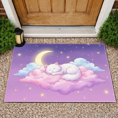 Sleeping White Cat Clouds Moon Stars - Home Decor Gift for Cat Lover Doormat