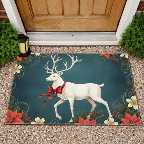 White Reindeer Poinsettia Holly - Christmas Home Decor Gift Doormat