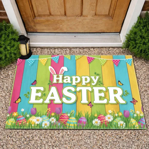 Happy Easter Bunny Ears Eggs Spring Flowers - Holiday Home Decor Doormat