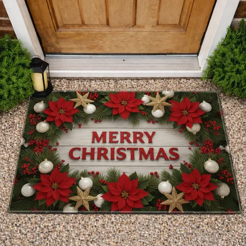 Merry Christmas Wood Poinsettia Holly - Christmas Holiday Decor Doormat