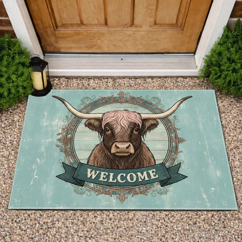 Highland Cow Welcome - Farmhouse Home Decor Gift for Cow Lover Doormat