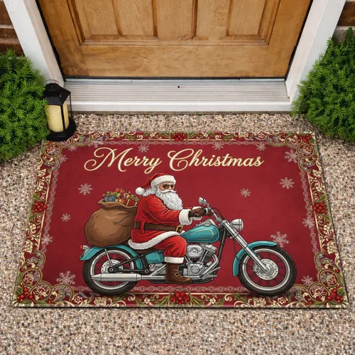 Sunglass Santa Motorcycle Merry Christmas Holly Border - Christmas Holiday Decor Doormat