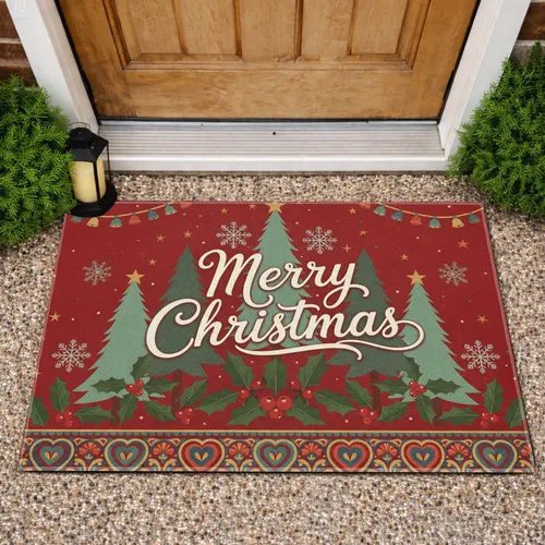 Merry Christmas Script Holly Pine Hearts Bells - Christmas Decor Doormat