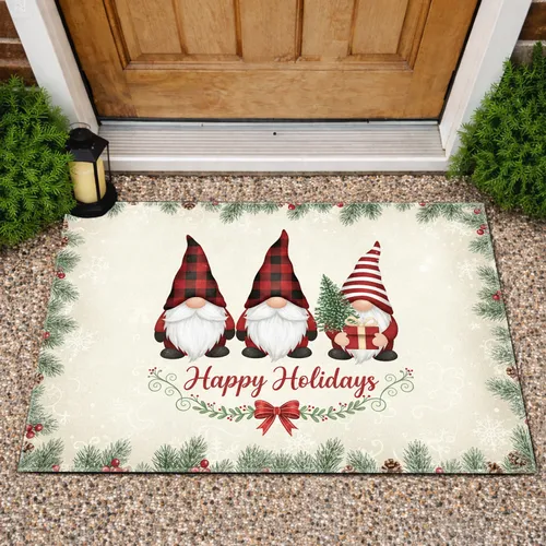 Christmas Gnomes Happy Holidays Evergreen Berry Pinecone - Winter Holiday Decor Gift Doormat
