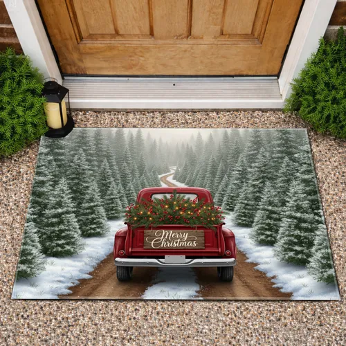 Vintage Red Truck Christmas Tree Farm - Christmas Holiday Gift Doormat