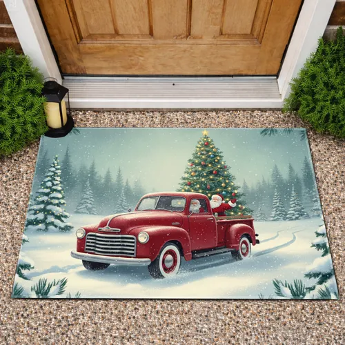Santa Vintage Red Truck Decorated Christmas Tree Snowy Forest - Christmas Home Decor Doormat
