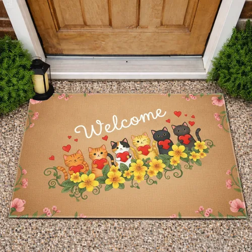 Five Cats Welcome Hearts Flowers Cottagecore - Home Decor Gift for Cat Lover Doormat