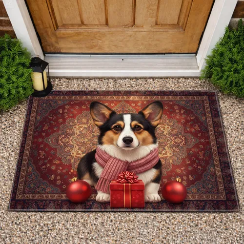 Tricolor Corgi Pink Scarf Red Gift Box - Christmas Gift for Corgi Lover Doormat