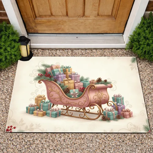 Vintage Sleigh Christmas Gifts Pinecones Berries Snow - Christmas Holiday Home Decor Doormat