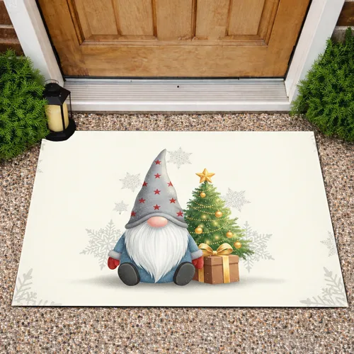 Christmas Gnome Pink Nose Blue Tunic Tree Gift Box - Christmas Home Decor Doormat
