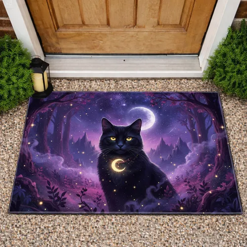Black Cat Crescent Moon Forest - Home Decor Gift for Cat Lover Doormat