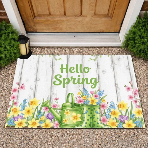 Hello Spring Watering Can Rain Boots Wildflowers - Spring Home Decor Gift Doormat